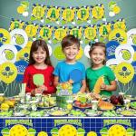 Pickleball Birthday Party Decorations, Pickleball Happy Birthday Banner, Cake Toppers, Tableware, Tablecloth and Balloons for Pickleball Themed Party Supplies, Serves 20