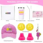 LUDUEIKSW Pickleball Gifts for Women, Funny Pickleball Birthday Gifts Basket for Wife Mom Grandma Aunt Sister Friends, PB Accessories Set with Hat Tumbler for Lady Player