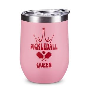 12oz Pink Women Pickleball Stemless Wine Tumbler, Insulated Stainless Steel Cup, Sports Drinkware with Crown Design,Funny Pickleball Gifts for Mom Players Fans Teammates, Birthday Mother’s Day Gift