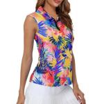 Irisjudy Colorful Palm Leaves Womens Golf Shirt Neon Tropical Plant Polo Sleeveless Quick Dry Tennis Tops Hawaii Palm Leaf Lightweight 1/4 Zip Up Pickleball Polo Tank Tops
