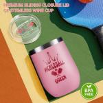12oz Pink Women Pickleball Stemless Wine Tumbler, Insulated Stainless Steel Cup, Sports Drinkware with Crown Design,Funny Pickleball Gifts for Mom Players Fans Teammates, Birthday Mother’s Day Gift