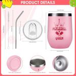 12oz Pink Women Pickleball Stemless Wine Tumbler, Insulated Stainless Steel Cup, Sports Drinkware with Crown Design,Funny Pickleball Gifts for Mom Players Fans Teammates, Birthday Mother’s Day Gift