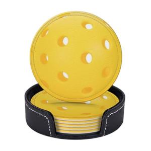 Pickleball Coasters for Drinks with Holder Round Leather Coasters Set of 6 Cups Mugs Mat Pad for Home Kitchen Bar