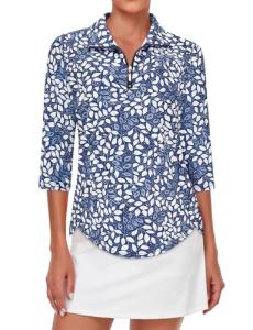 Tanst Sky Women's Polo Shirts,Golf Tops for Women Quarter Zip Collared 3/4 Sleeve Funny SPF 50 UV Protection Activewear Ladies Yoga Running Pickleball Workout Active Wear Blue Leaves Medium