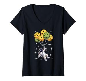 Womens Pickleball Balloon Astronaut Floating Spaceman Space V-Neck T-Shirt