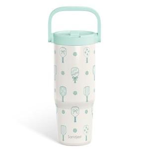 SANDJEST Pickleball Stainless Steel Straw Lid Tumbler 30oz with Carry Handle for Women Girls Adults, Insulated Travel Coffee Cup, Gift for Sports Outdoor Workout Christmas Birthday (Mint)
