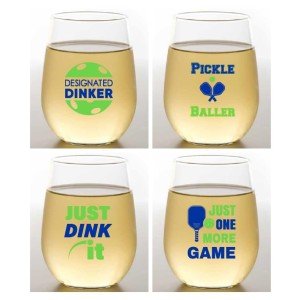Set of 4 Shatterproof Stemless CUSTOM 16 oz Plastic Wine Glasses MADE in the USA (PICKLEBALL SAYINGS)