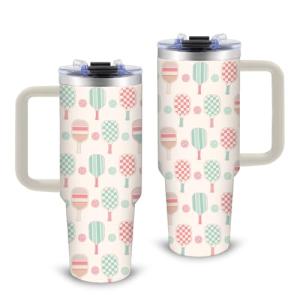 Pickleball Gifts for Women 30oz Pink Pickleball Water Bottle Stainless Steel Tumbler with Handle and Straws, Travel Insulated Coffee Mugs, Leak-Proof, Birthday Christmas for Pickleballs Lovers Cups