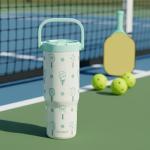 SANDJEST Pickleball Stainless Steel Straw Lid Tumbler 30oz with Carry Handle for Women Girls Adults, Insulated Travel Coffee Cup, Gift for Sports Outdoor Workout Christmas Birthday (Mint)