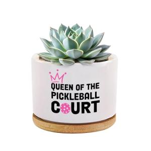 Loovelo Queen of The Pickleball Court Ceramic Succulent Plant Pot with Bamboo Tray Round Pickleball Gifts for Women Pickleball Lovers Players Plant Lover Home Office Decor 3.5 Inch White (No Plants)