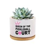 Loovelo Queen of The Pickleball Court Ceramic Succulent Plant Pot with Bamboo Tray Round Pickleball Gifts for Women Pickleball Lovers Players Plant Lover Home Office Decor 3.5 Inch White (No Plants)