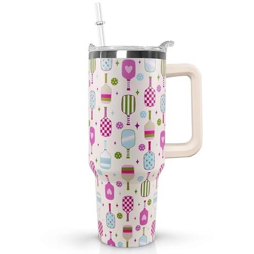 Ceovfoi 40 oz Pickleball Coffee Mug Vacuum Insulated Travel Tumbler with Handle, Lid & Straw - Perfect Pickleball Gifts for Players, Coaches, Lovers | Pickleball Accessories