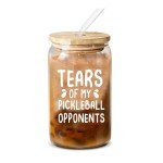 Panvola Tears of My Pickleball Opponents Pickleball Gifts Glass Cup with Bamboo Lids Glass Straw Beer Can Shaped Glass Iced Coffee Glasses Drinking Jars Beer Glasses Glass Cans 16oz