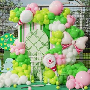 Tennis Party Decorations 150pcs Tennis Balloon Arch Garland Kit Pink Green White Latex Balloon with Tennis Ball Racket Foil Balloons for Sports Pickleball Birthday Decorations (Pink Green White)