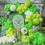 Tennis Balloon Arch Garland Kit 150pcs Green White Latex Balloon with Tennis Ball & Racket Foil Balloons for Tennis Party Pickleball Birthday Sports Themed Party Decorations (Green White)