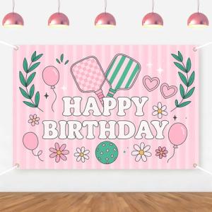 Pickleball Birthday Party Decorations for Girls Backdrop Pink Green Pickleball Themed Happy Birthday Backdrop Banner for Boy Girl Player Sports Floral Balloon Bday Decor Supplies Photo Props 5 * 3ft
