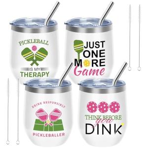 ZenDecor Pickleball Gifts for Women, 4-Pack Insulated Stainless Steel Pickleball Tumblers with Lids & Straws, Leak-Proof, Stemless, Gifts for Pickleball Lovers