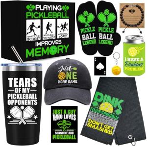 10 Pieces Pickleball Gifts for Men, Pickleball Lover Stuff with 20 Oz Tumbler Hat Socks Pickleball Towel Can Coolers Bracelet Keychain, Birthday, Christmas Gift for Pickleball Player, Pickleball Coach