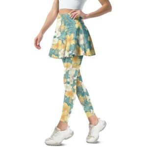Daulesho Hawaii Frangipani Yoga Legging with Skirts for Women, Tropical Plants Athletic Tennis Skirt with Leggings Island Style Ladies Tennis Pickleball Clothing-S