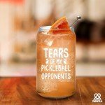 Panvola Tears of My Pickleball Opponents Pickleball Gifts Glass Cup with Bamboo Lids Glass Straw Beer Can Shaped Glass Iced Coffee Glasses Drinking Jars Beer Glasses Glass Cans 16oz