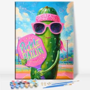 Aeontinity Pickleball Pickle Ballin Hobby Framed Canvas DIY Paint by Numbers Kit Bar Cafe Cave Home Room Wall Bathroom Porch Patio Decor Gift, 16 x 12 Inch