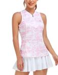 MoFiz Women's Golf Tennis Polo Shirt Sleeveless 1/4 Zip Collarless Racerback Pickleball Tank Tops Quick Dry Athletic T-Shirt Pink Camo S