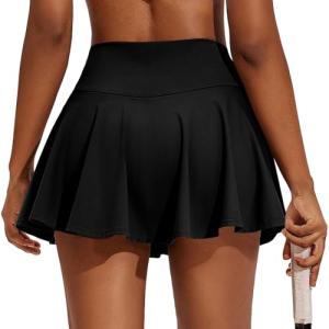 PINSPARK Women Pleated Tennis Skirt High Waist Golf Skorts with 2 Pockets Pickleball Skirts with Inner Shorts Black M