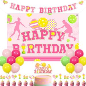 SHADOAMP Pickleball Party Decoration Girls, Pink Pickleball Themed Happy Birthday Backdrop Banner Cake Cupcake Topper Latex Balloons for Sports Themed Birthday Party Supplies