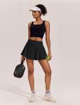 PINSPARK Women Pleated Tennis Skirt High Waist Golf Skorts with 2 Pockets Pickleball Skirts with Inner Shorts Black M
