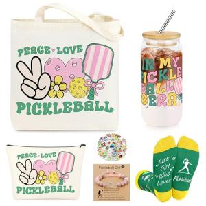 JoycuFF Pickleball Gifts for Women Pickleball Stuff Accessories for Girls Include 16OZ Glass Cup, Tote Bag, Makeup Bag, Bracelet, Funny Socks, Stickers Birthday Gifts for Sport Lovers & Players