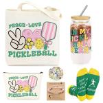 JoycuFF Pickleball Gifts for Women Pickleball Stuff Accessories for Girls Include 16OZ Glass Cup, Tote Bag, Makeup Bag, Bracelet, Funny Socks, Stickers Birthday Gifts for Sport Lovers & Players