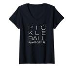 Womens Block Print Pickleball Plant City, FL V-Neck T-Shirt