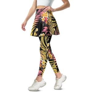 Frestree Frangipani Yoga Skirted Leggings for Women, Pink Yellow Gradient Floral Buttery Soft Tennis Skirted Leggings Tropical Plants Tennis Pickleball Clothing-XS