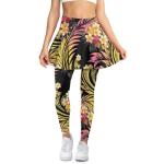 Frestree Frangipani Yoga Skirted Leggings for Women, Pink Yellow Gradient Floral Buttery Soft Tennis Skirted Leggings Tropical Plants Tennis Pickleball Clothing-XS