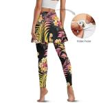 Frestree Frangipani Yoga Skirted Leggings for Women, Pink Yellow Gradient Floral Buttery Soft Tennis Skirted Leggings Tropical Plants Tennis Pickleball Clothing-XS