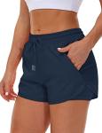 Mancreda Women's Running Shorts with Liner 3 Zipper Pockets Elastic Workout Athletic Gym Yoga Shorts(NA,M) Navy