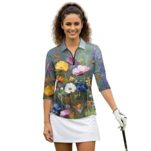 TODIYADDU Floral Womens Gym Tops Golf Polo Shirts for Women Loose Athletic for Ladies 3/4 Sleeve Tops Oil Painting 1/4 Zipper Sports Yoga Tennis Pickleball Collared Fitted Pullover, S