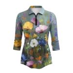 TODIYADDU Floral Womens Gym Tops Golf Polo Shirts for Women Loose Athletic for Ladies 3/4 Sleeve Tops Oil Painting 1/4 Zipper Sports Yoga Tennis Pickleball Collared Fitted Pullover, S