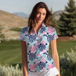 Hawaiian Plants Women's Golf Polo Shirts Short Sleeve V Neck Casual Collared Quarter Zip Pickleball Shirts Golf Outfits Medium