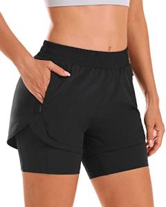 Stelle Women 2 in 1 Running Shorts High Waisted Athletic Shorts Gym Workout Shorts with Liner Zipper Pockets (Black, M)