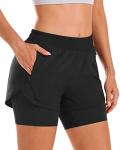 Stelle Women 2 in 1 Running Shorts High Waisted Athletic Shorts Gym Workout Shorts with Liner Zipper Pockets (Black, M)