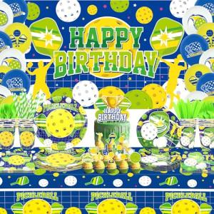 Pickleball Birthday Party Decorations, Pickleball Happy Birthday Backdrop, Cake Toppers, Tableware, Tablecloth and Balloons for Pickleball Themed Party Supplies, Serves 20