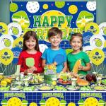 Pickleball Birthday Party Decorations, Pickleball Happy Birthday Backdrop, Cake Toppers, Tableware, Tablecloth and Balloons for Pickleball Themed Party Supplies, Serves 20