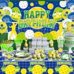 Pickleball Birthday Party Decorations, Pickleball Happy Birthday Backdrop, Cake Toppers, Tableware, Tablecloth and Balloons for Pickleball Themed Party Supplies, Serves 20