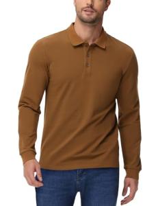 MIER Mens Cotton Polo Golf Shirts Breathable Classic Fit Work Collared Shirt for Men Pickleball Tops, Brown, L