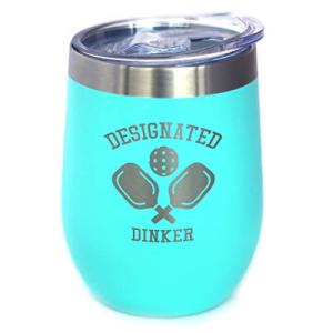 Bevvee Designated Dinker - Wine Tumbler Glass with Sliding Lid - Stainless Steel Insulated Mug - Funny Pickleball Themed Gifts and Decor - Teal