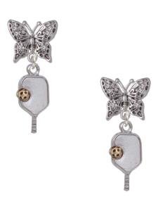 Delight Jewelry Two Tone Pickleball Paddle Silvertone Antiqued Butterfly Post Earrings