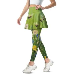 Yuolagixn Bee Skirted Leggings for Women with Pockets Ankle Length Pickleball Pants Oil-Painting Print Workout Clothes Athletic Skirts with Leggings Skirts with Leggings