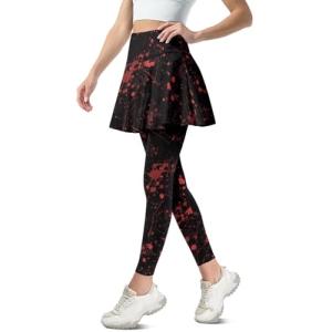 Frestree Black Red Bloodstain Womens Yoga Skirted Leggings, Bloody Paint Splash Tummy Control Athletic Skirt with Leggings Stretchy Tennis Pickleball Clothing-M