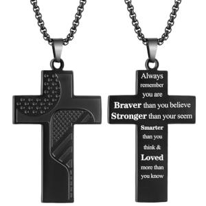 BECKWJE Sport Necklace for Men Pickleball Necklace Stainless Steel Cross Pendant Father's Day Gifts for Men Pickleball Fans Bible Verse Braver and Stronger